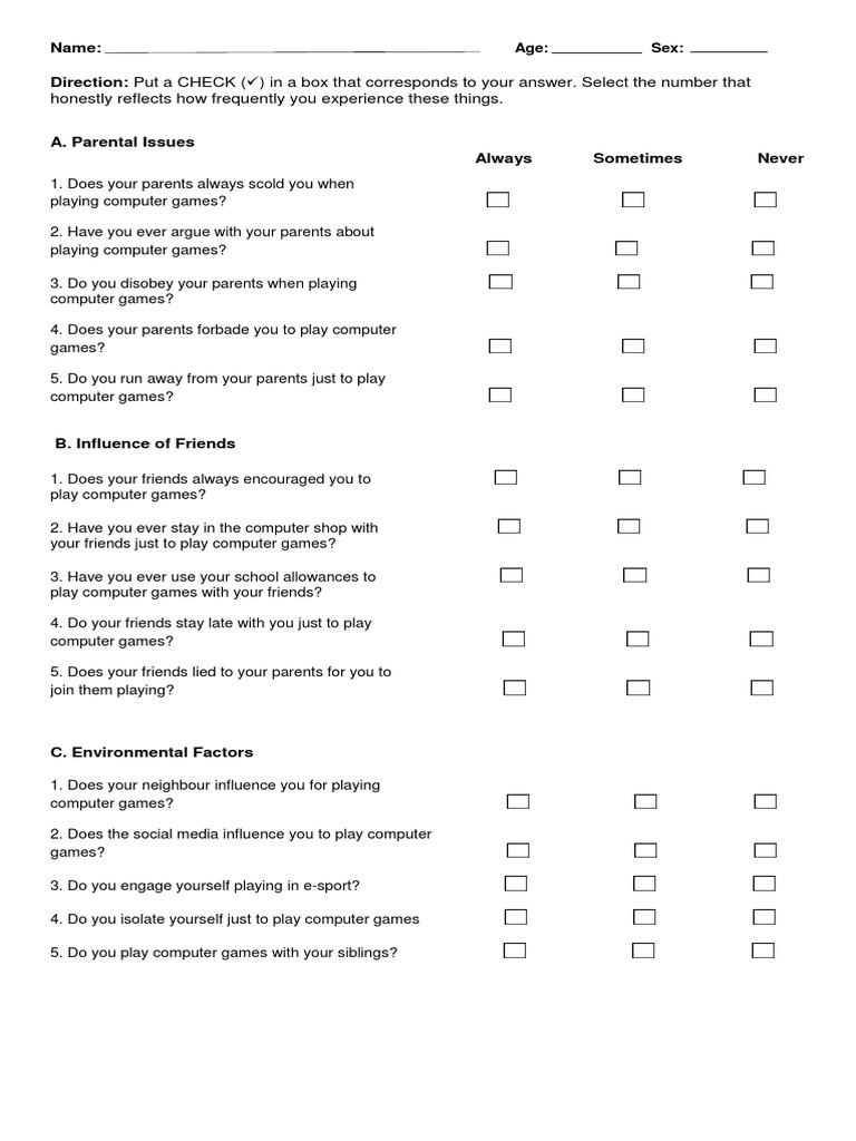 Gaming Influence Survey Questionnaire | PDF