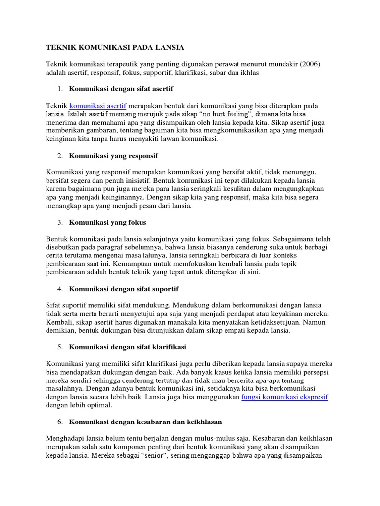 Komunikasi Asertif Teknik Komunikasi Pada Lansia