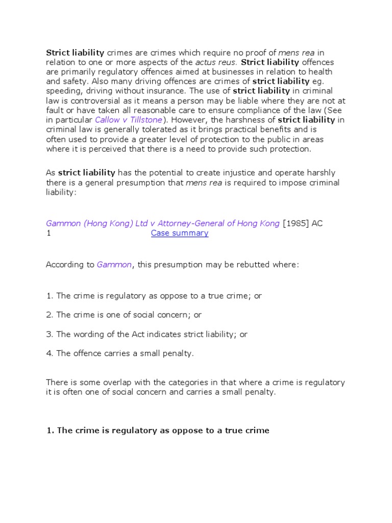 Strict Liability Crimes Are Crimes Which Require No Proof of Mens Rea ...