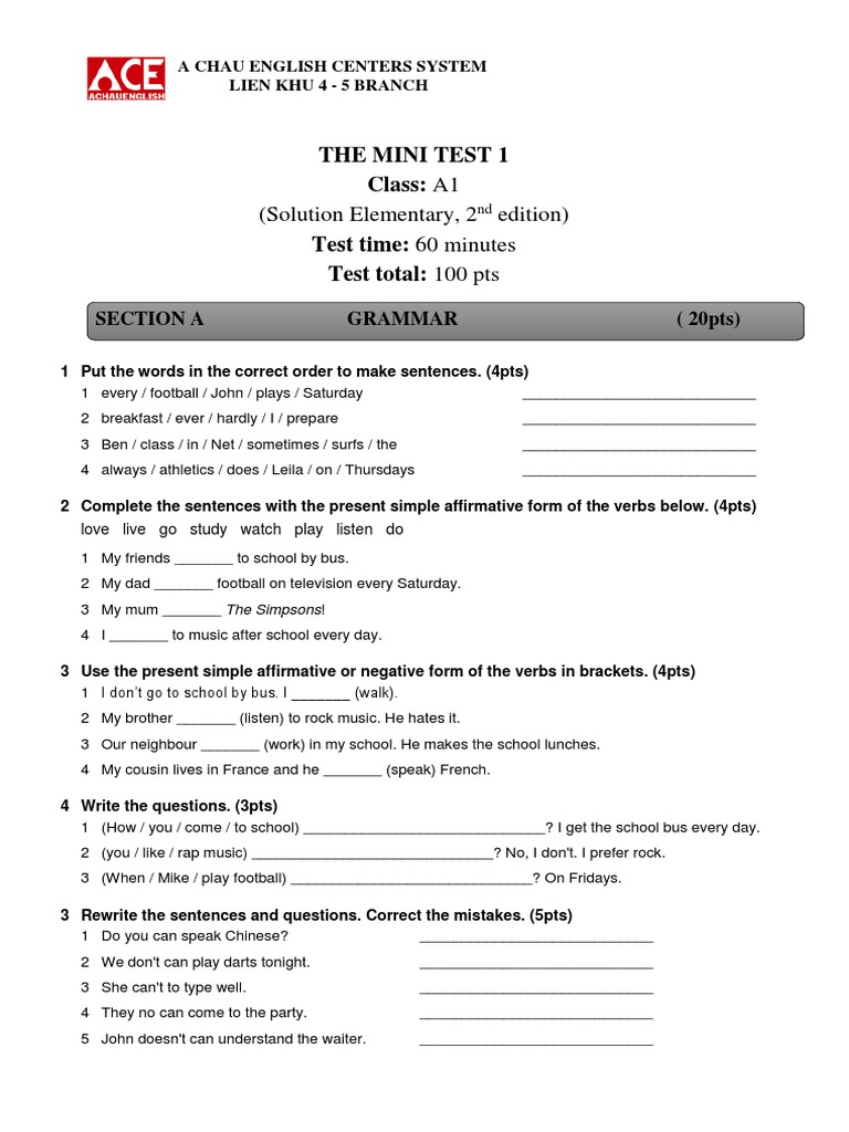 A1 - Elementary - Mini Test 1 | PDF | Sports