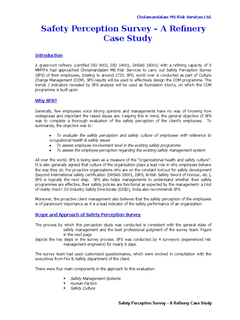 Safety Perception Survey - A Refinery Case Study: Cholamandalam MS Risk ...