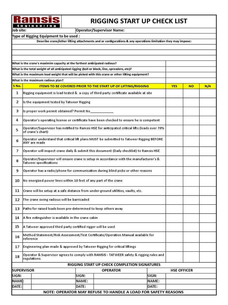 371-Rigging Start Up Check List Rev 000 | PDF | Crane (Machine)