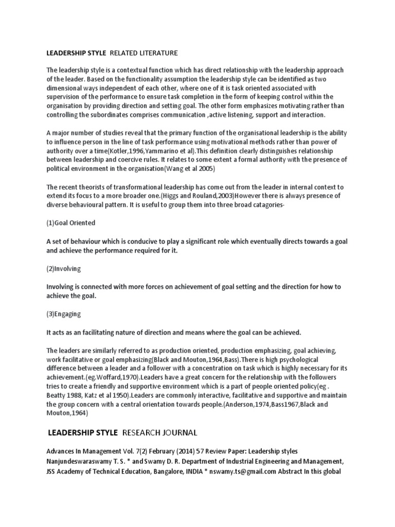 Leadership Styles: A Literature Review | PDF | Transformational ...