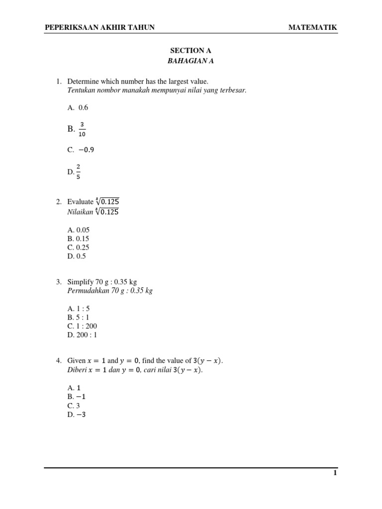 Soalan Peperiksaan Matematik Tahun 6 | PDF