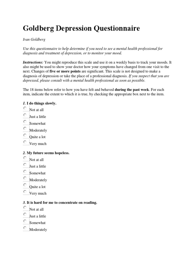 Goldberg Depression Questionnaire Guide | PDF | Psychopathology ...