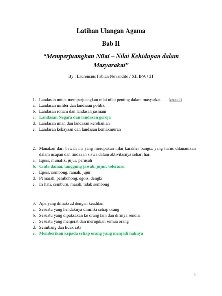 Soal Latihan Agama Katolik Kelas XII dan pembahasan (Nilai