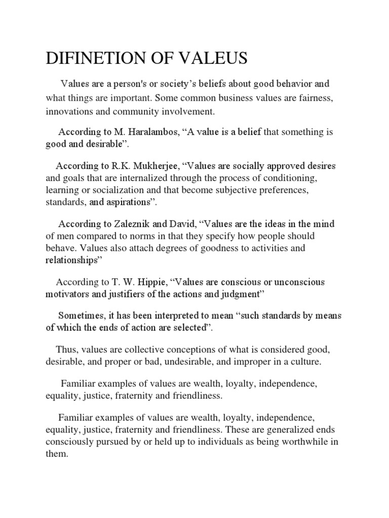 Definition and Types of Values | PDF | Value (Ethics) | Strategic ...