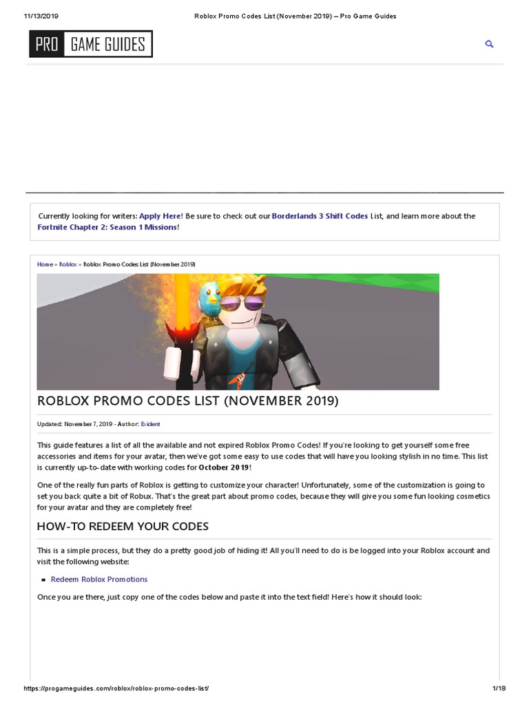 Roblox Promo Codes List November 2019 Pro Game Guides Pdf - list of promo codes roblox 2019