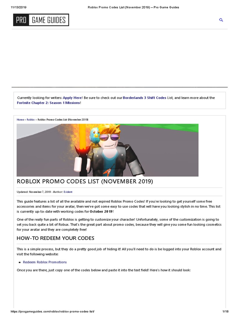Roblox Promo Codes List November 2019 Pro Game Guides Pdf - roblox promo codes robux list