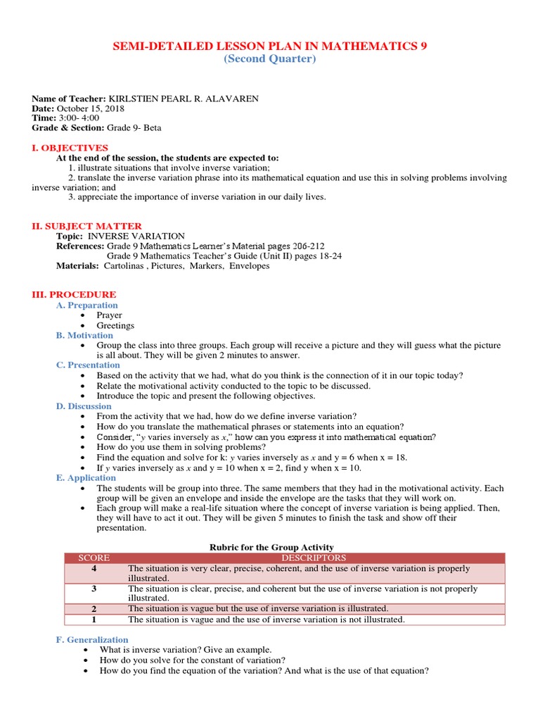 Inverse Variation Lesson Plan for Grade 9 | PDF | Lesson Plan ...