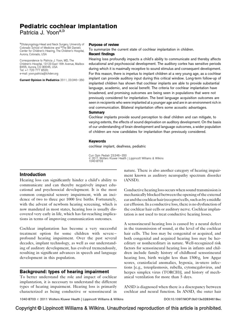 Paediatric Cochlear Implantation | PDF | Hearing Loss | Hearing Aid