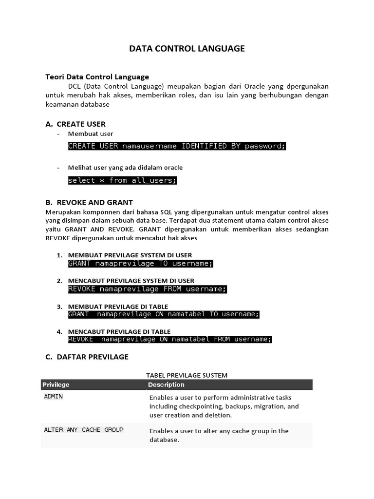 Teori Data Control Language | PDF | Pl/Sql | Databases