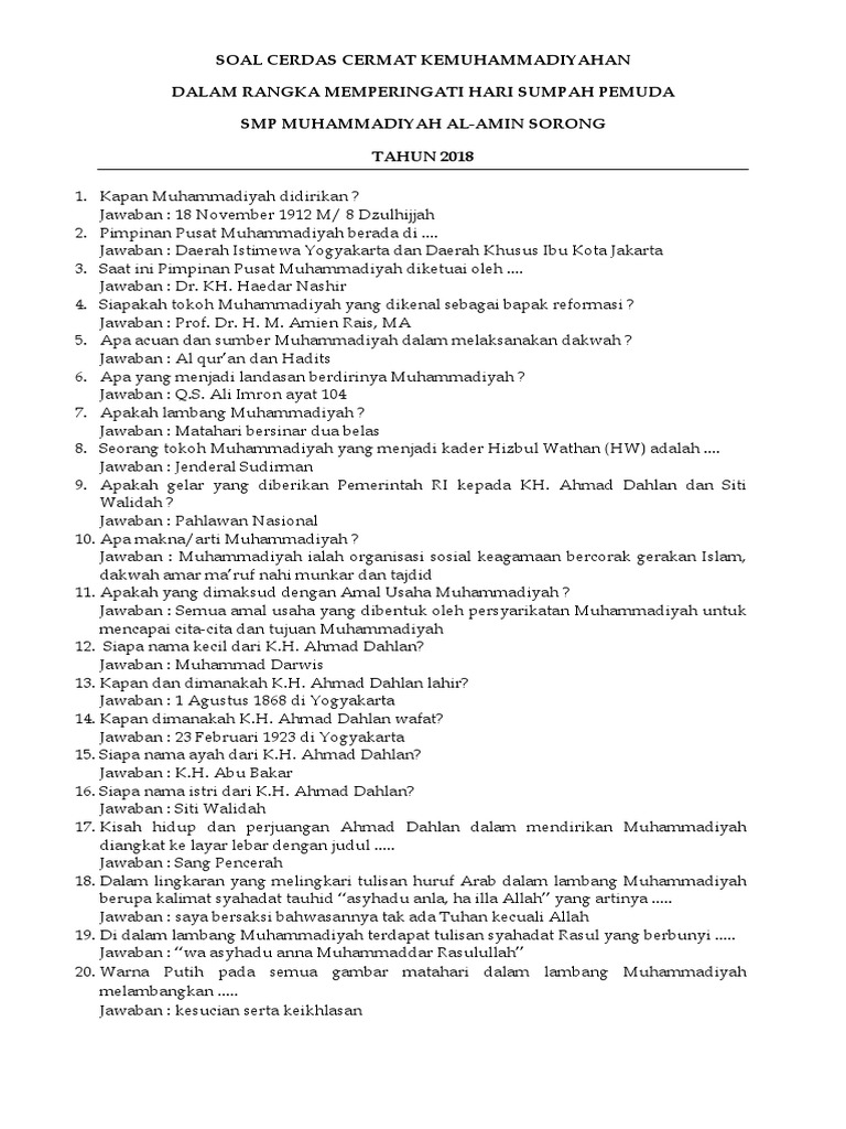 kumpulan soal Kemuhammadiyahan dan Agama SMP