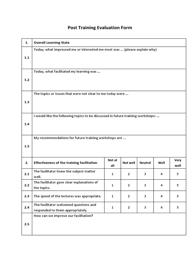 POST TRAINING EVALUATION FORM SAMPLE intelligence overview