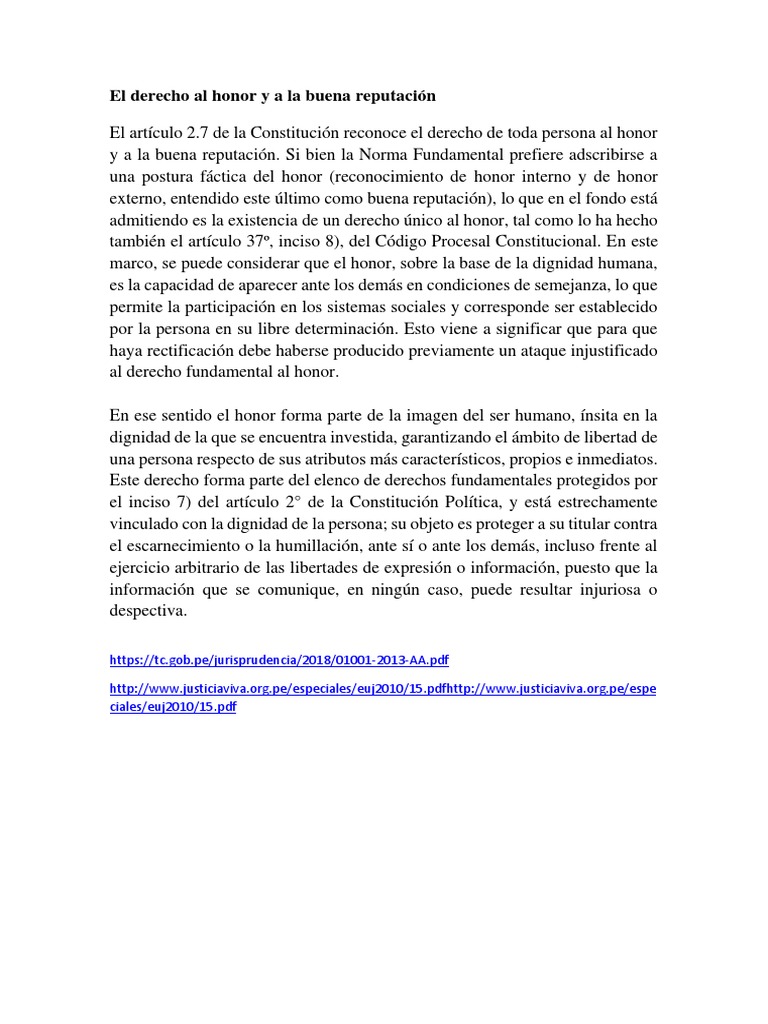 El Derecho Al Honor y a La Buena Reputación | PDF