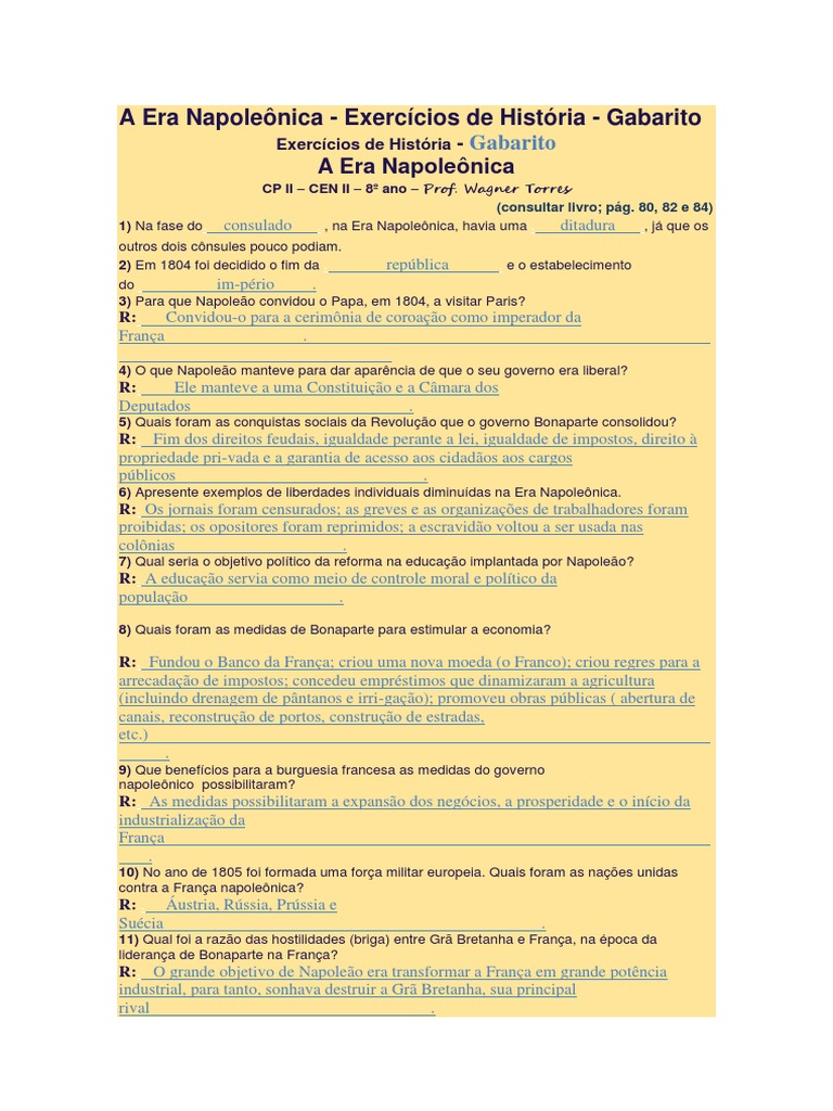 Gabarito de exercícios sobre a Era Napoleônica | PDF | Primeiro Império ...
