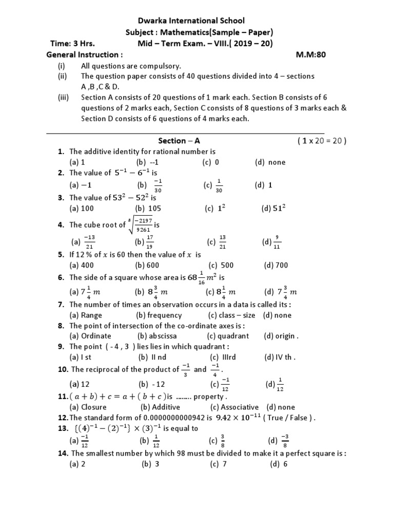 Maths Class 8 Sample Paper PDF Area Elementary Mathematics
