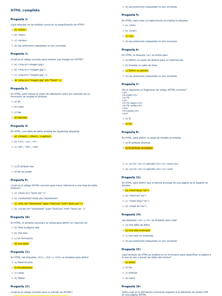 Examen de HTML y XHTML con Respuestas | PDF | HTML | Hojas de estilo en ...