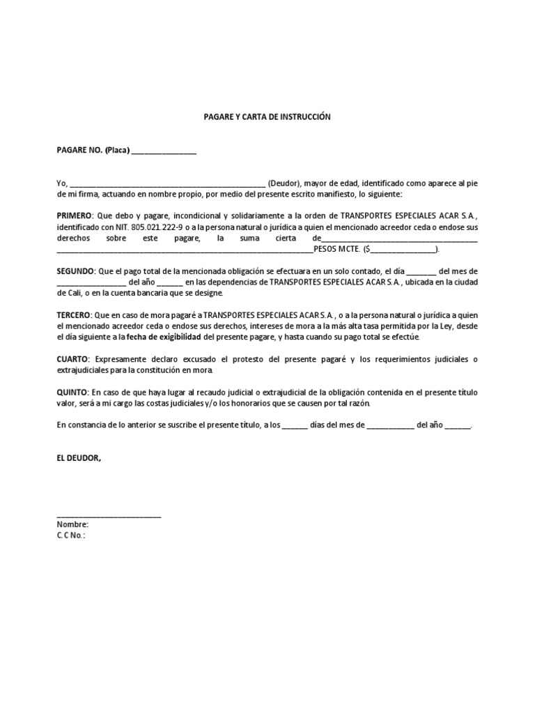 Modelo pagaré y carta de instrucciones word
