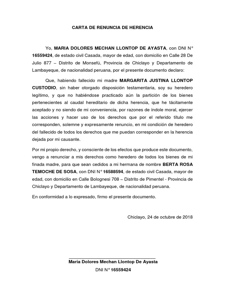 Carta de renuncia Herencia Parentesco y descenso