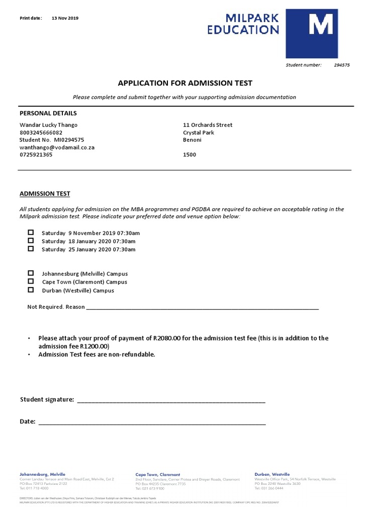 Application For Admission Test: Personal Details | PDF