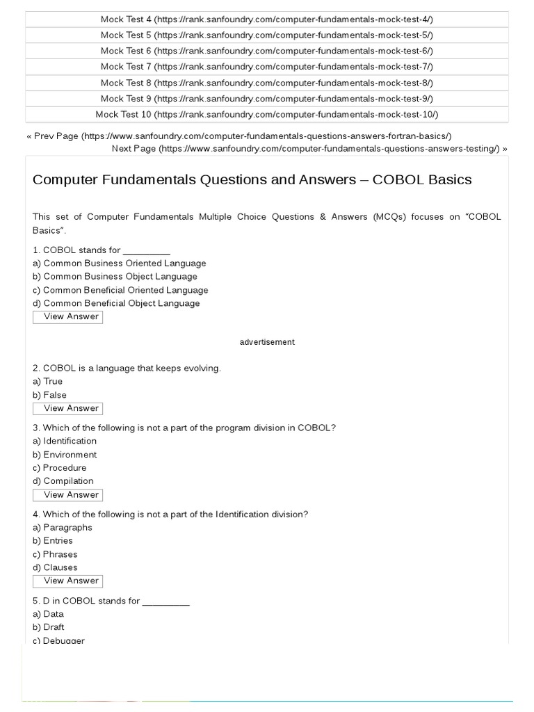 COBOL Basics Questions and Answers - Sanfoundry | PDF | Areas Of ...