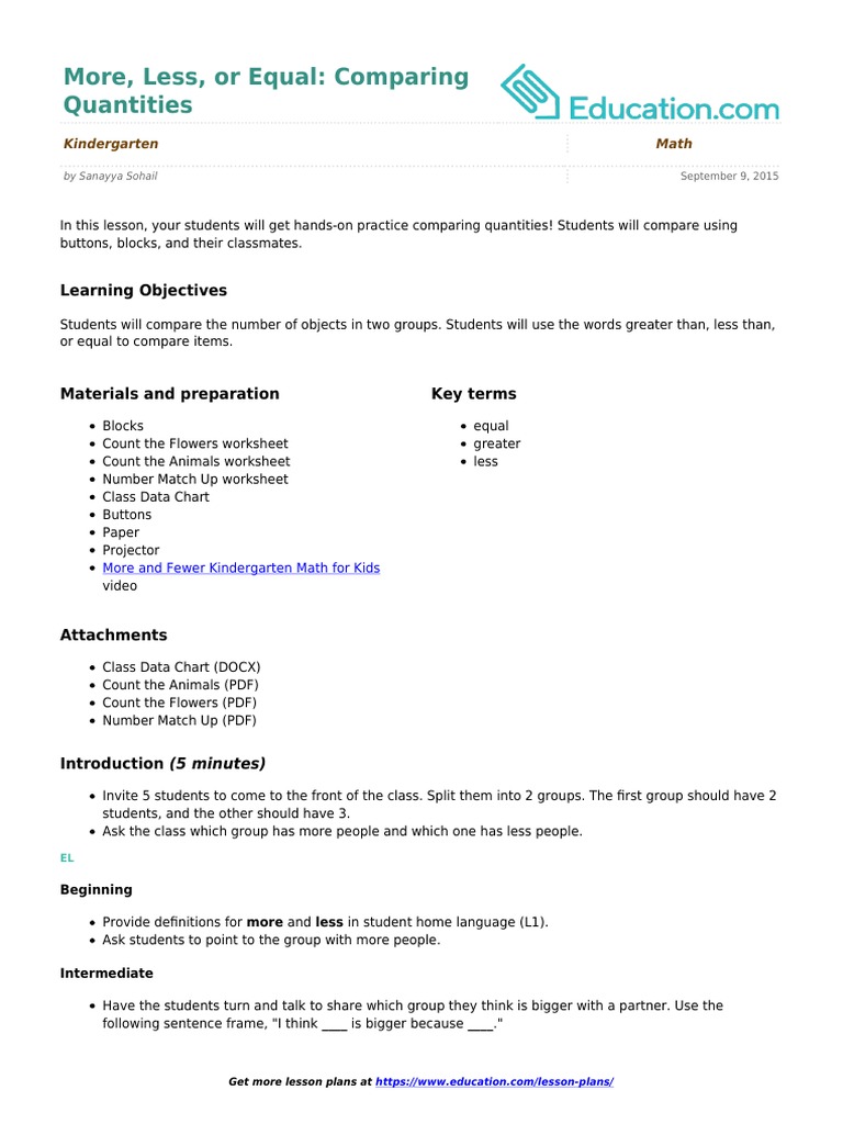 More Less Or Equal | Pdf | Lesson Plan | Learning