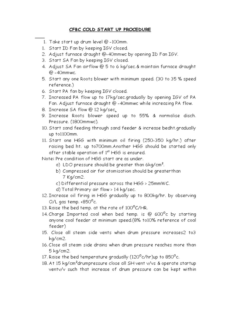 CFBC Cold Start Up Procedure PDF Boiler Heating, Ventilating, And