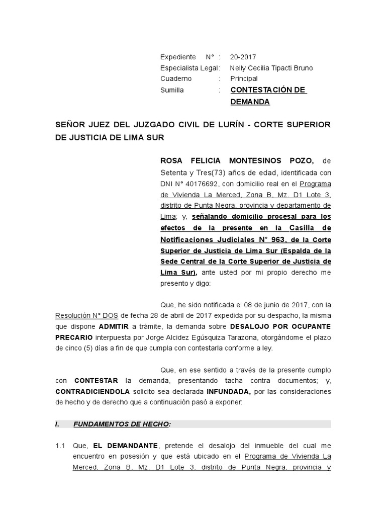 Contestacion Demanda Desalojo | PDF | Posesión (Ley) | Demanda judicial