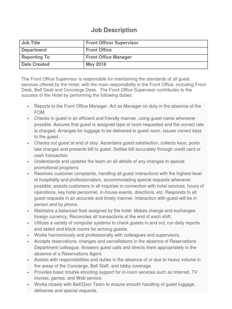 Job Description - Front Office Supervisor | Pdf | Hotel | Business