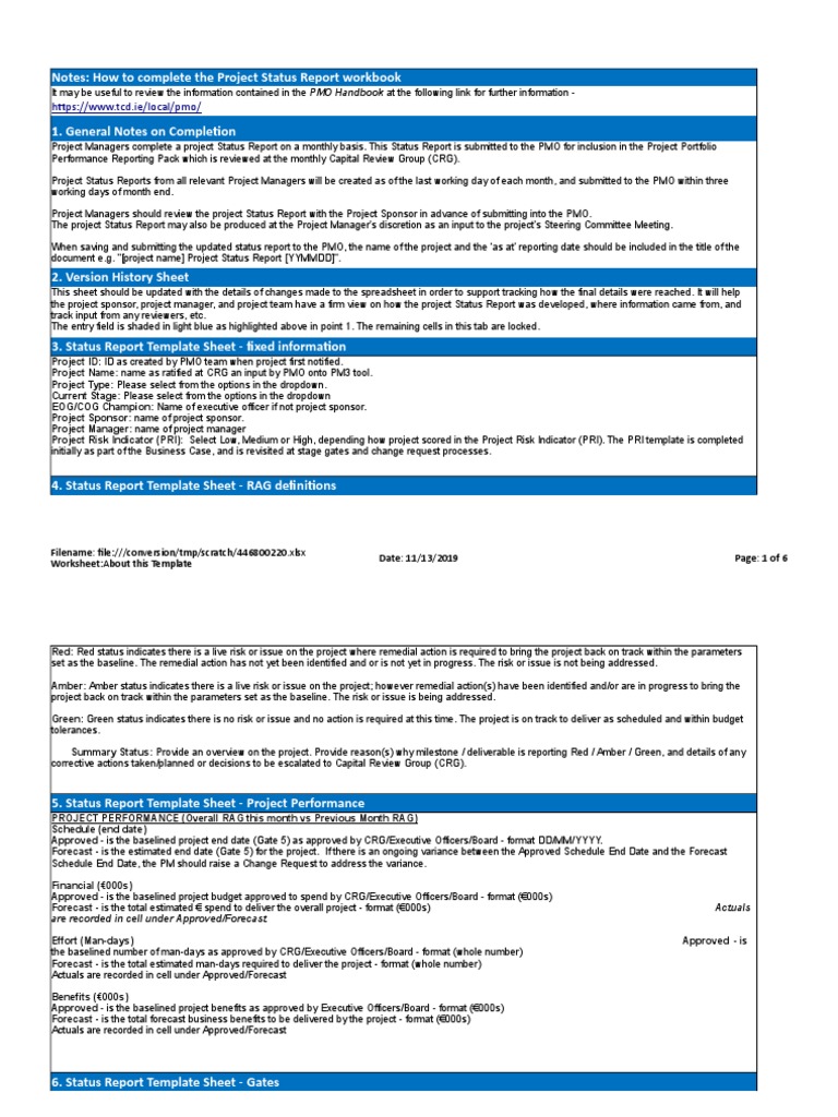 Project Name) Project Status Report - Template V20.20  PDF  Business Intended For Monthly Board Report Template