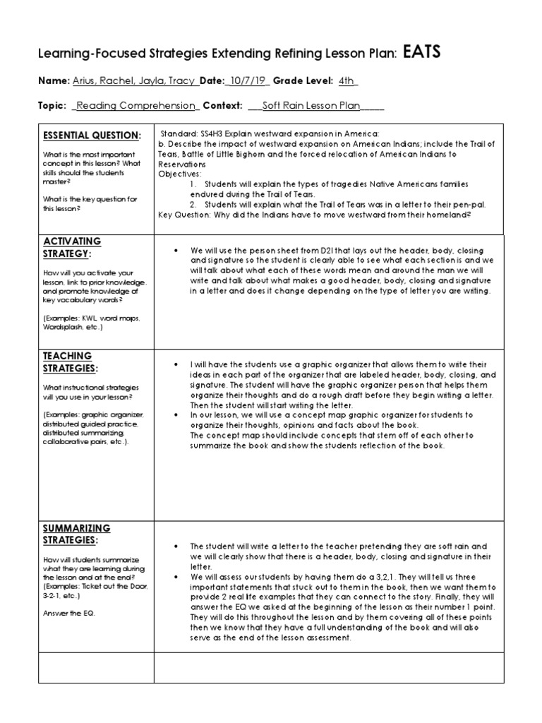Learning-Focused Strategies Extending Refining Lesson Plan | PDF ...