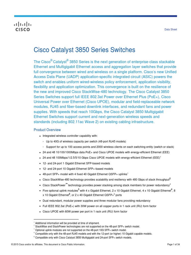Cisco Catalyst 3850 Series Switches: Product Overview | PDF | Network ...
