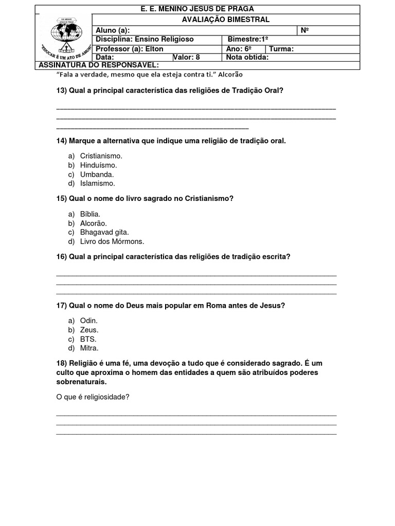 Avaliação de Ensino Religioso 6º Ano | PDF | Deus | Fés religiosas