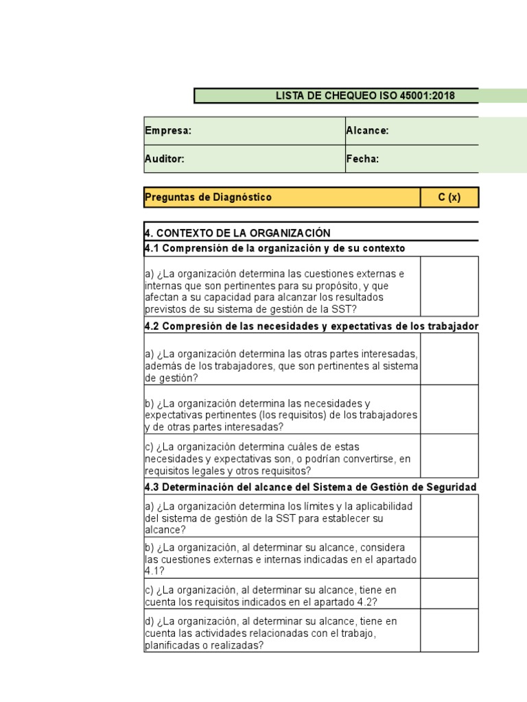 Lista de Chequeo ISO 45001:2018 | PDF | Planificación | Evaluación