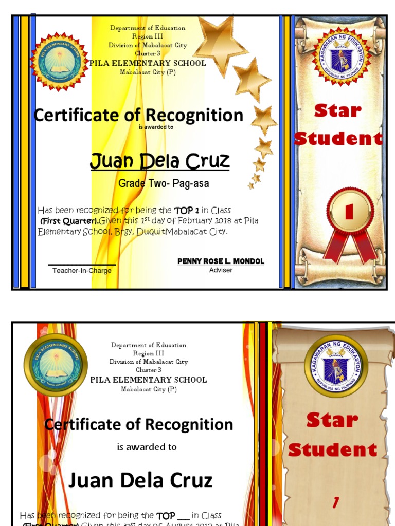Grade 1 Top Student Recognition Certificate | PDF | Learning