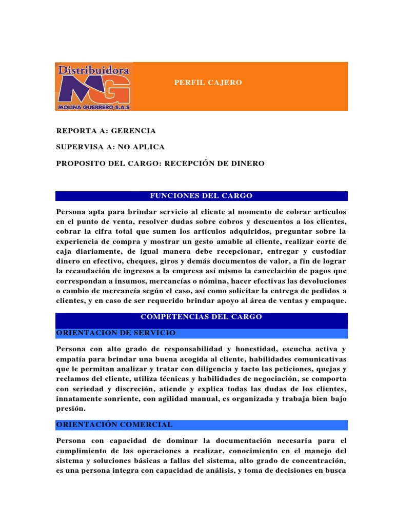 Perfil y Funciones de Cajero/a | PDF | Cliente | Servicio al Cliente
