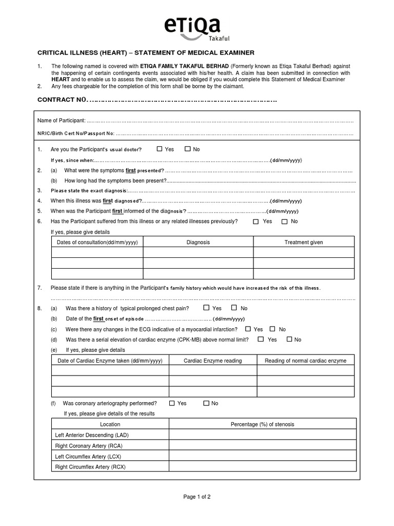 Critical Illness (Heart) - Statement of Medical Examiner | PDF ...
