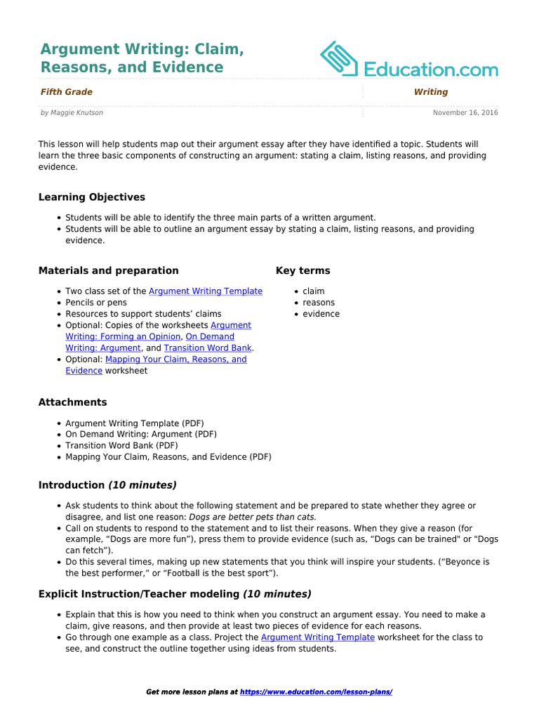 Argumentative essay lesson plan pdf picture