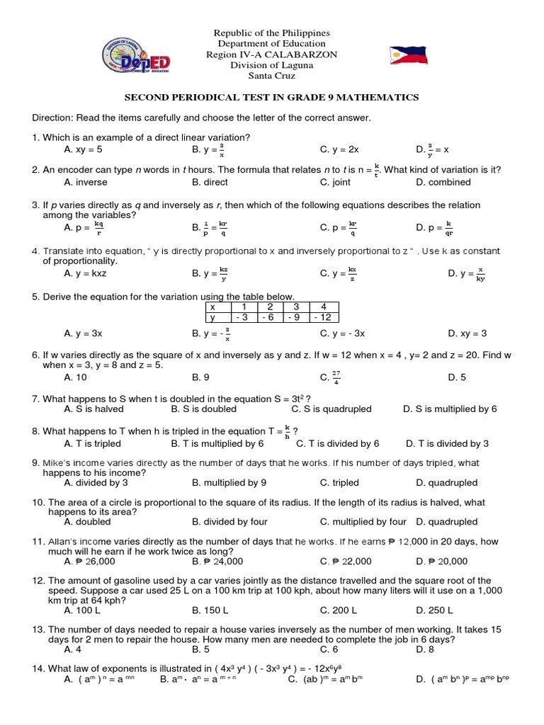 Second Periodical Math 9 Pdf Fraction Mathematics Exponentiation