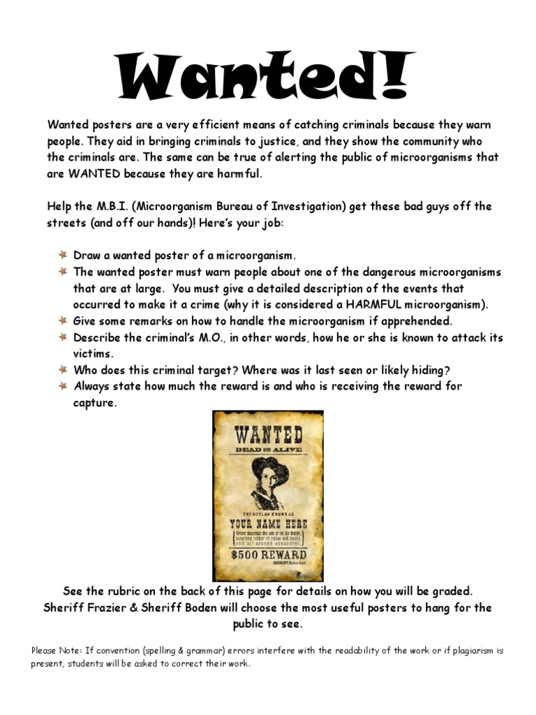 Wanted Microorganism Poster Activity Rubric | PDF | Pathogen | Virus