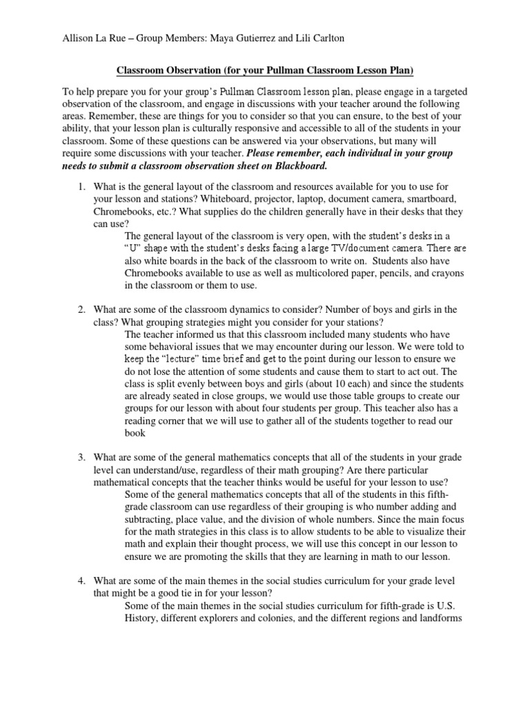 Classroom Observation for Lesson Planning | PDF | Classroom | Lesson Plan
