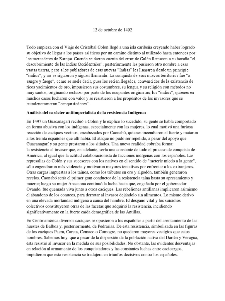 Resistencia indígena tras el 12 de octubre | PDF | Cristobal colon ...