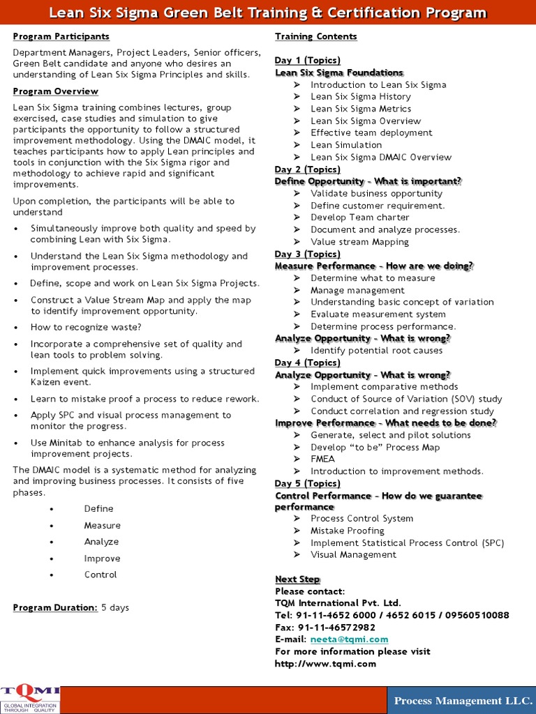 Lean Six Sigma Green Belt Training Overview | PDF | Six Sigma | Lean ...
