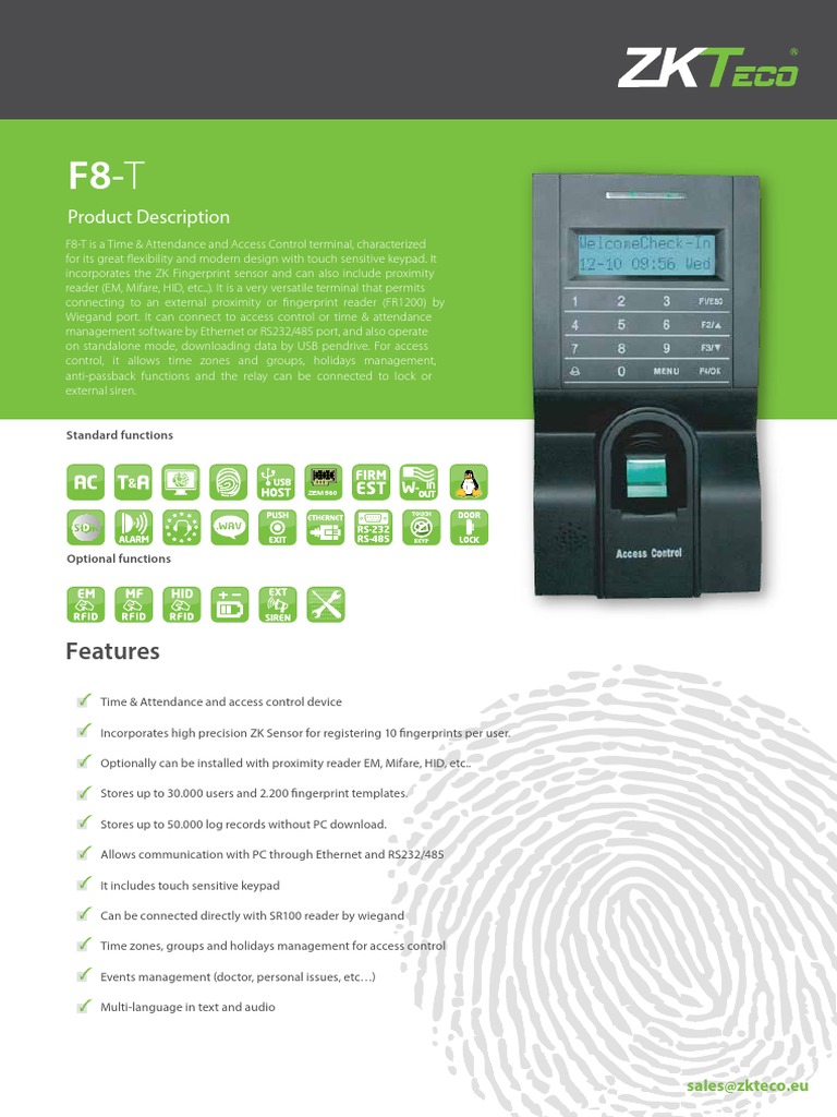 ZKTeco F8TID Spec PDF Access Control Manufactured Goods