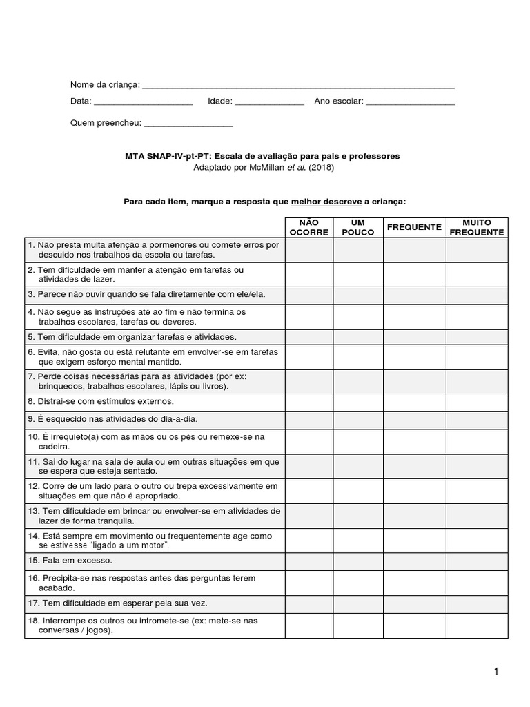 SNAP-IV Pais e Prof Instruções | PDF | Transtorno de déficit de atenção ...