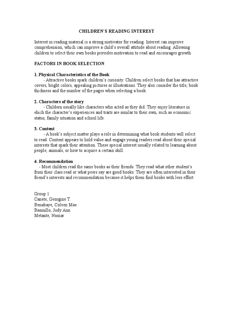 Factors Influencing Children's Reading Interest | PDF