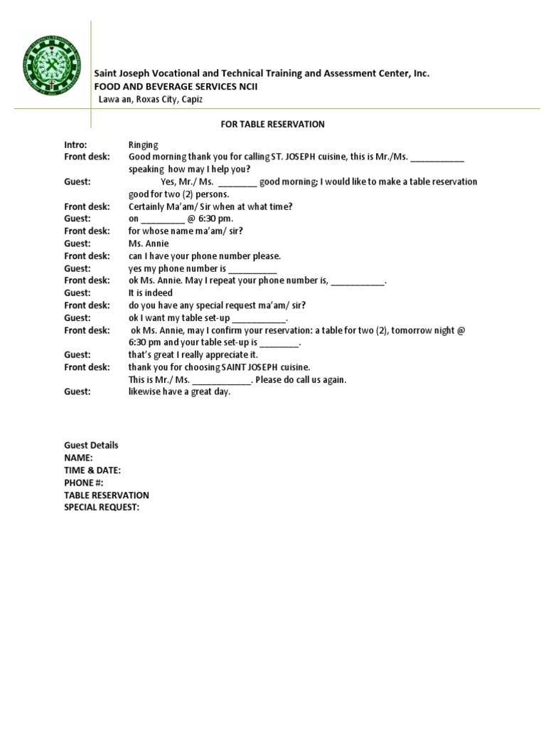 Table Reservation and Service Script | PDF | Waiting Staff | Food And Drink