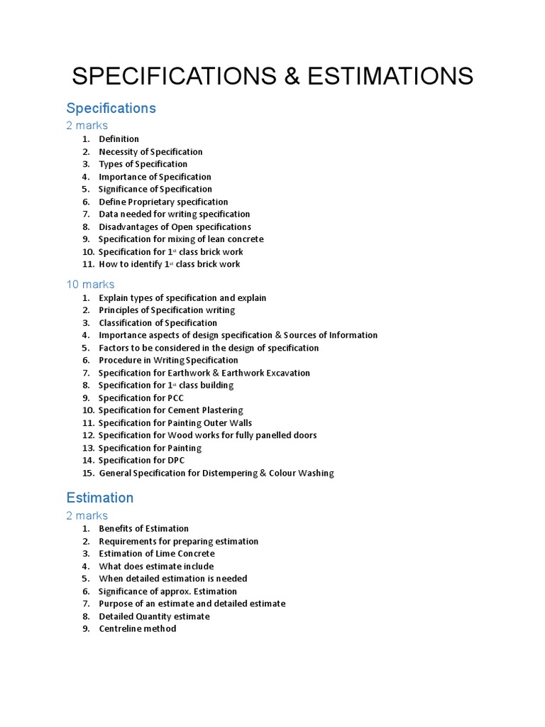 Specifications and Estimations in Civil Engineering | PDF ...