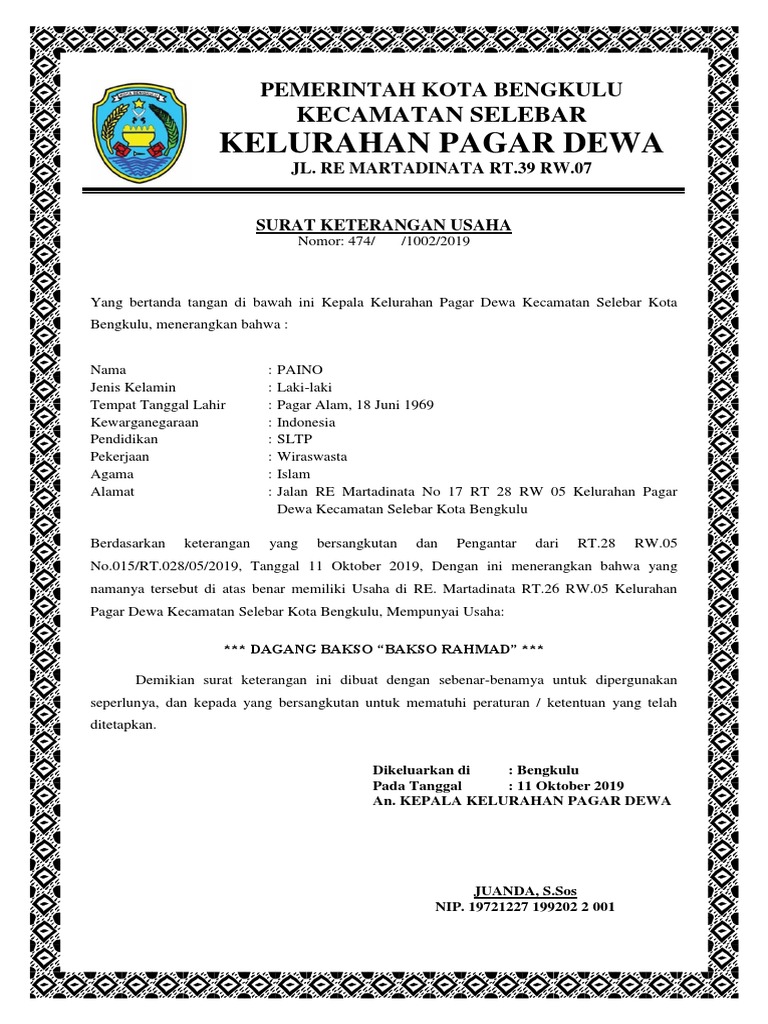 Surat Keterangan Usaha Bakso Rahmad | PDF